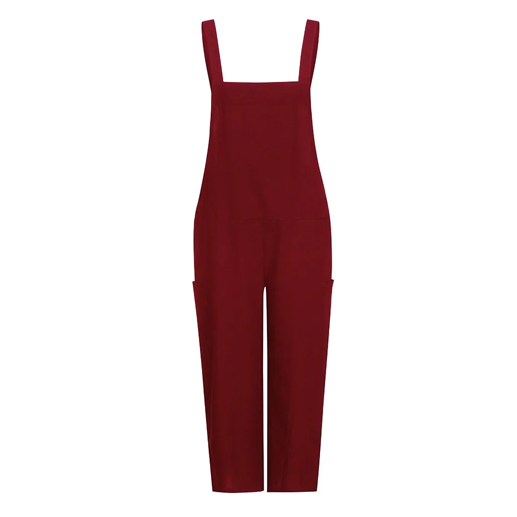

Solid Color Jumpsuit Women Sleeveless Dungarees Loose Cotton Linen Long Playsuit Party Jumpsuit