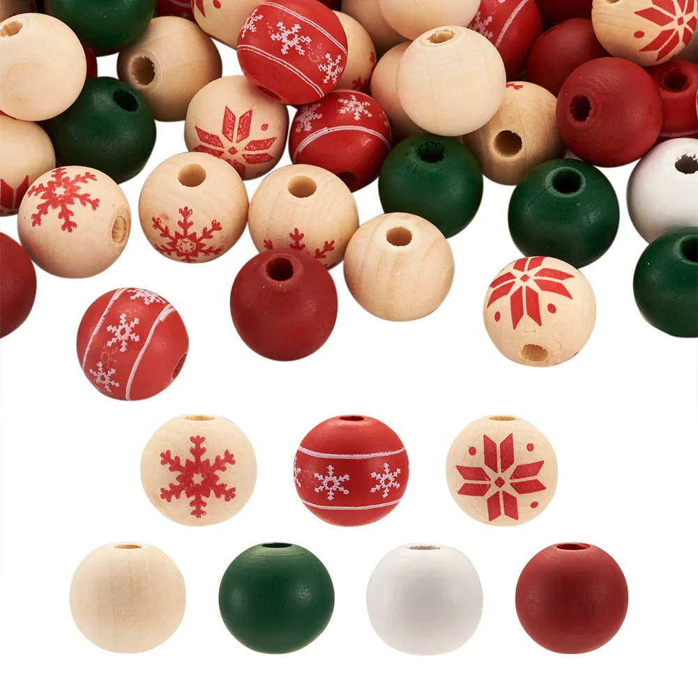 

1 Bag Christmas Decoration Wooden Beads Mixed Pattern Round Loose Spacer Wood Beads for Jewelry DIY Xmas Beaded Garland Making