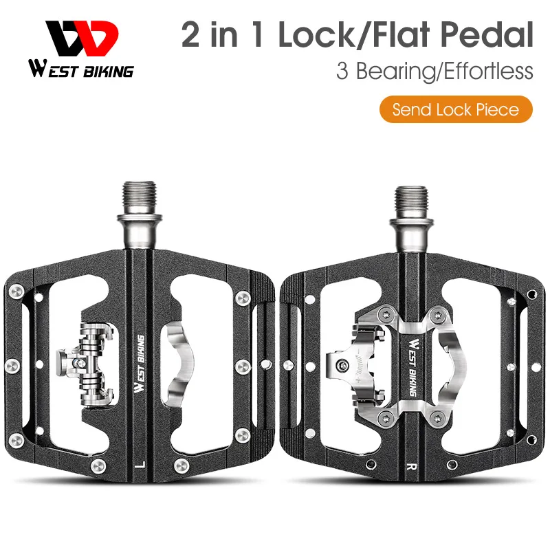 

WEST BIKING Bike Anti-slip Flat Pedals 2 In 1 SPD Self-Locking Pedal 3 Bearings MTB Road Bicycle Pedals Cycling Part Accessories