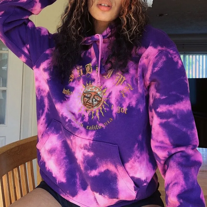 

Purple Tie-dye Letter Cartoon Print Long Sleeve Oversize Sweatshirt Women Hoodies Autumn Winter Warm Basic Streetwear Plus Size