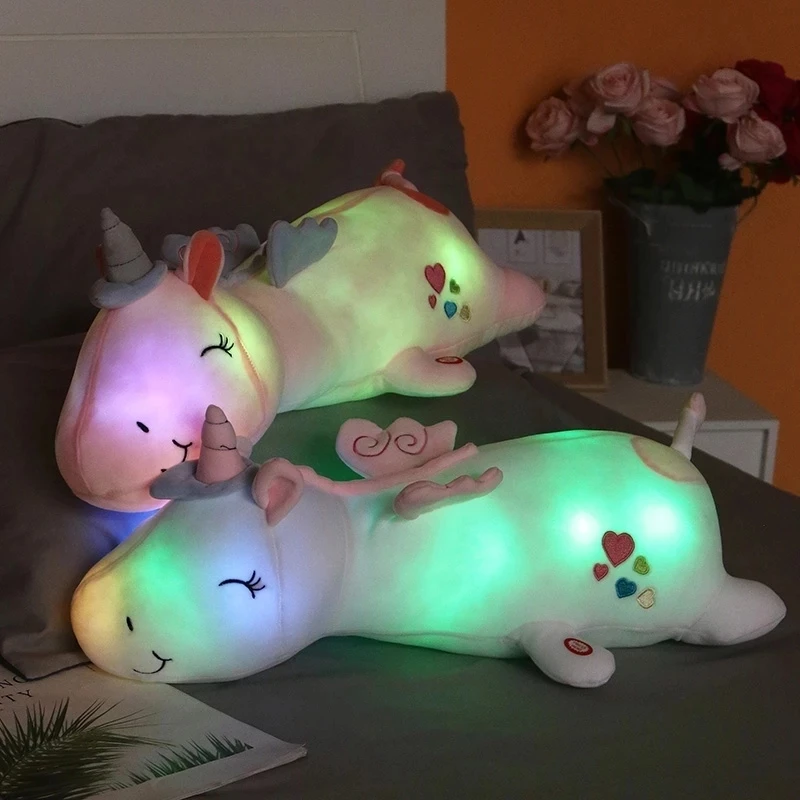 60-125cm Giant Cute Glowing LED Light Unicorn Plush Toys Lovely Luminous Animal Pillow Stuffed Dolls for Children Kids Gifts