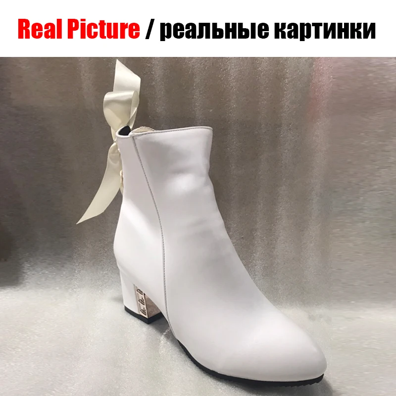 BONJOMARISA/ г. Осенне-зимние женские ботильоны белого цвета на высоком каблуке со шнуровкой размера плюс 32-48