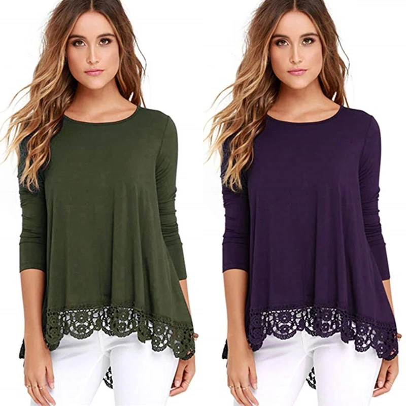 Плюс размер 2XL Осенняя кружевная однотонная блузка Повседневная зимняя женская