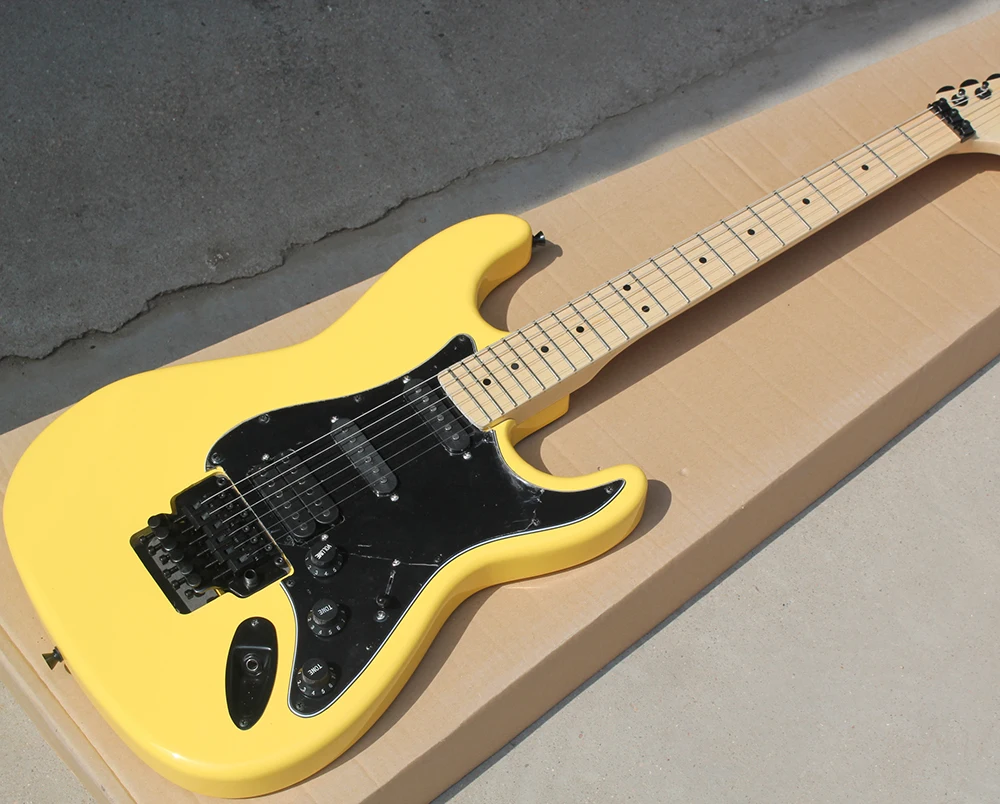 

High quality customized, yellow body, black guard, HSS pickup, maple fingerboard, mass customization