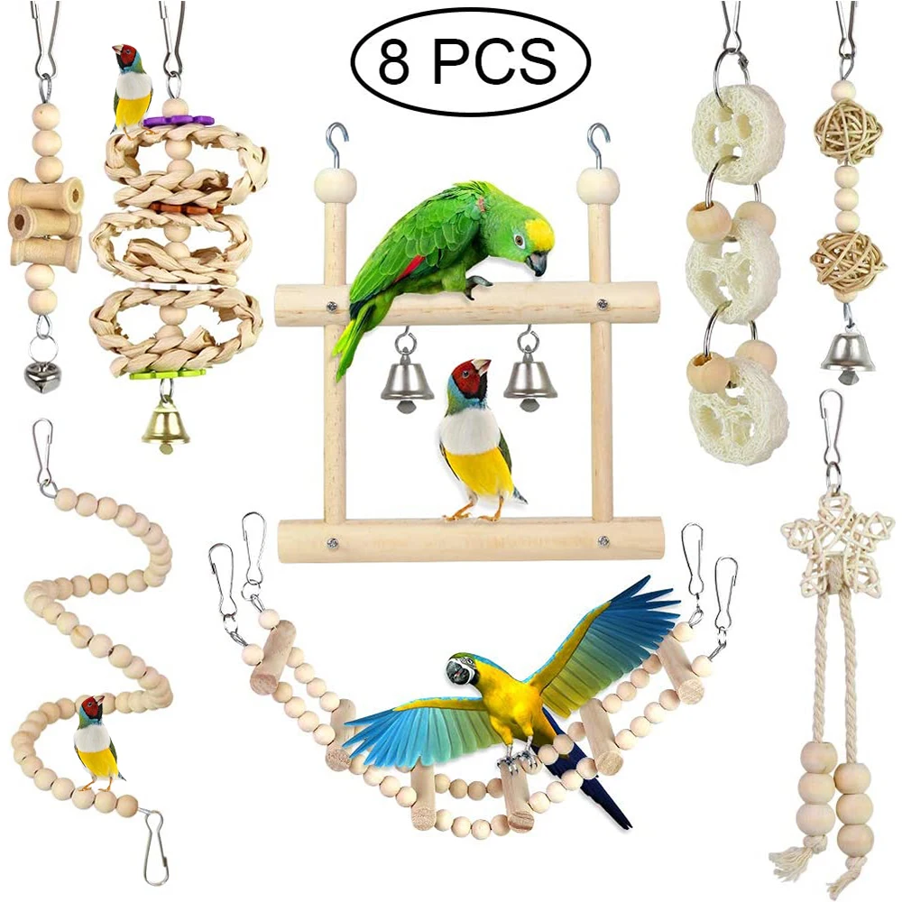 

8Pcs Birds Parrot Toys Bird Swing Chewing Hanging Perches Birds Cage Budgie Cockatiels Toy Macaws Parakeets Hammock Bell Toys