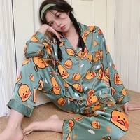 cute silk satin duck korean japanese summer pajamas 2 piece pajama set women pure silk cartoon sleepwear button up pajama set