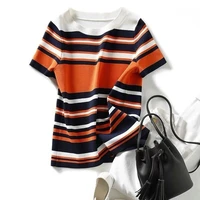 womens tops new color matching striped short sleeved t shirt round neck ice silk contrast color sweater loose loose thin top