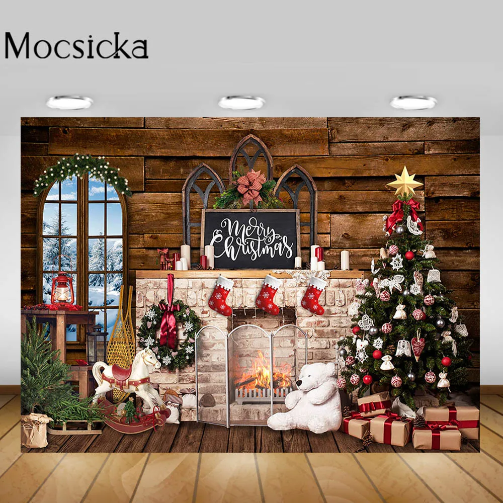

Фотофон Mocsicka с рождеством, кирпич, дерево, камин, портрет для детских дней рождения, реквизит для фотостудии