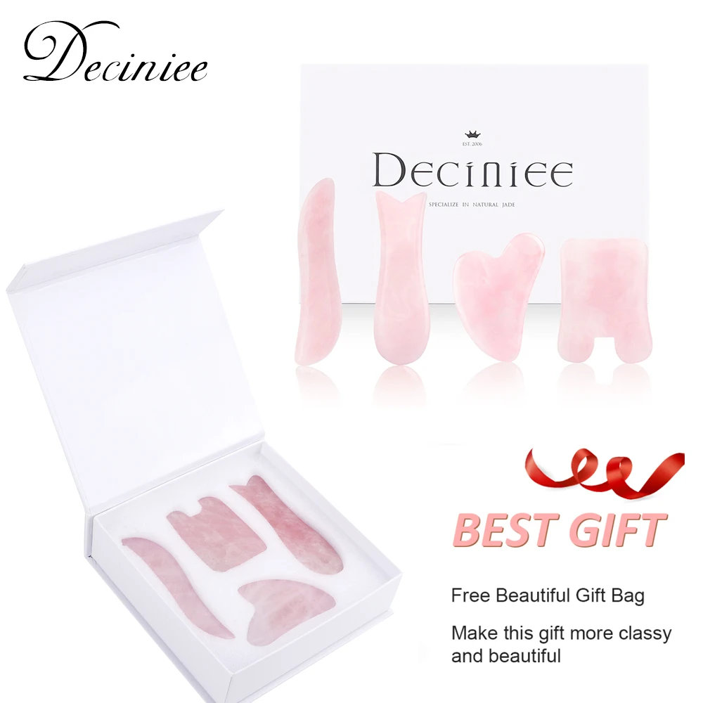 

4 Pcs Gua Sha Facial Tools Set Pink Green Jade Scarper Rose Quartz Gua Sha Scraping Massage for SPA Skin Facial Care Gift Box