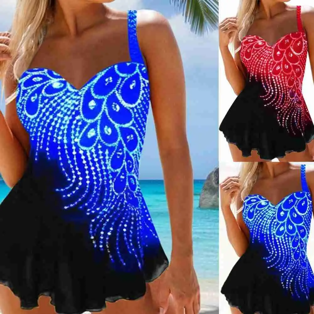 Ladies Swimsuit Feather Printing Hit Color Stitching Sexy Hot AliExpress Bikini Womail Split Women Self-cultivatio E8Q2 | Спорт и