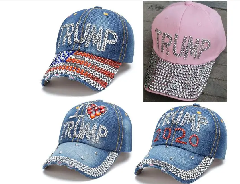 

hot sale trump 2020 baseball cap trump hat election campaign hat cowboy diamond cap Adjustable Snapback Women Denim Diamond hat#