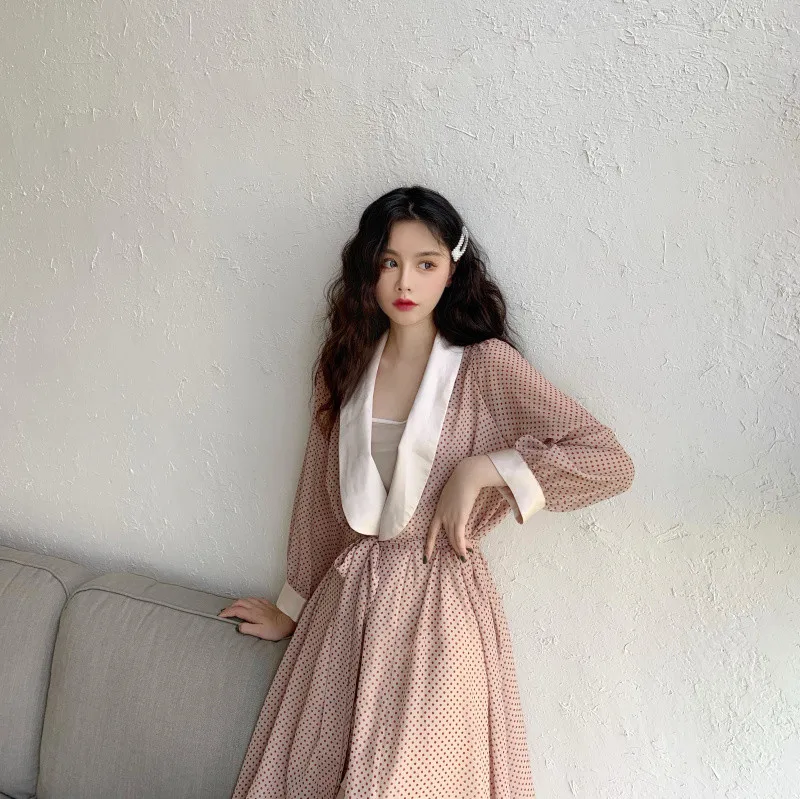 Французская мода Ретро горошек праздничное платье Vestidos с длинным рукавом