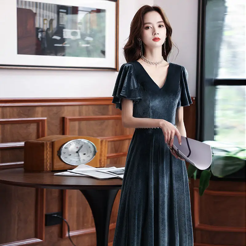 

Female Vintage Long A-Line Dress Elegant V-Neck Banquet Gown Butterfly Sleeve Evening Robe De Soiree Slim Party Dresses