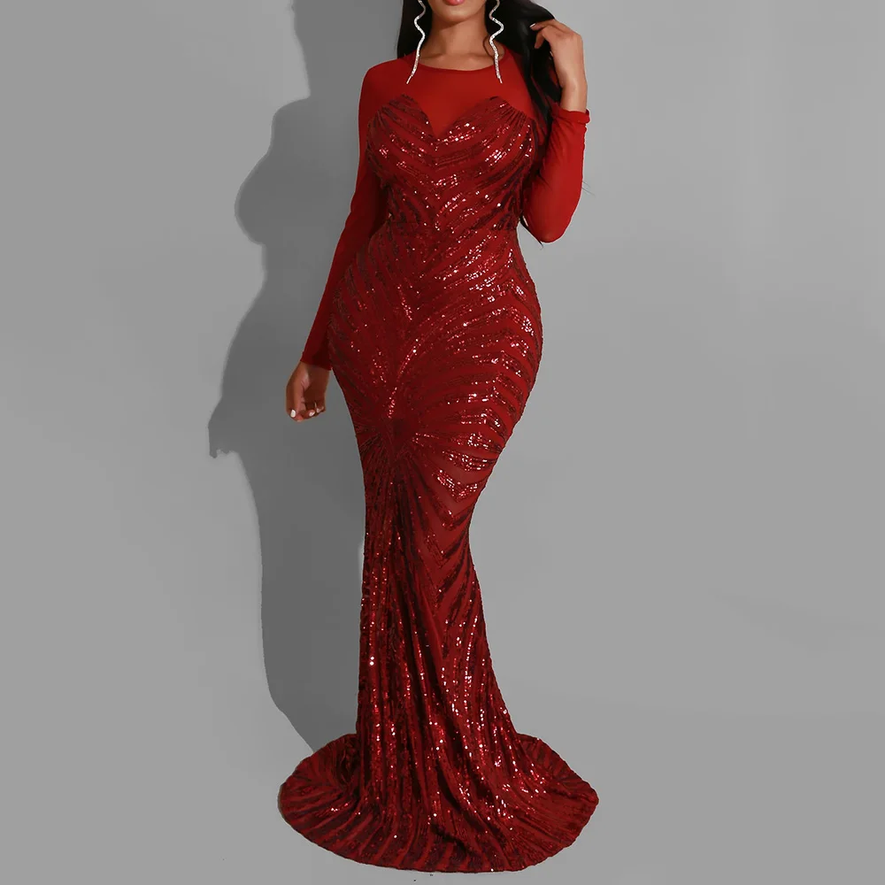 Красное вечернее длинное платье русалки с блестками женское элегантное