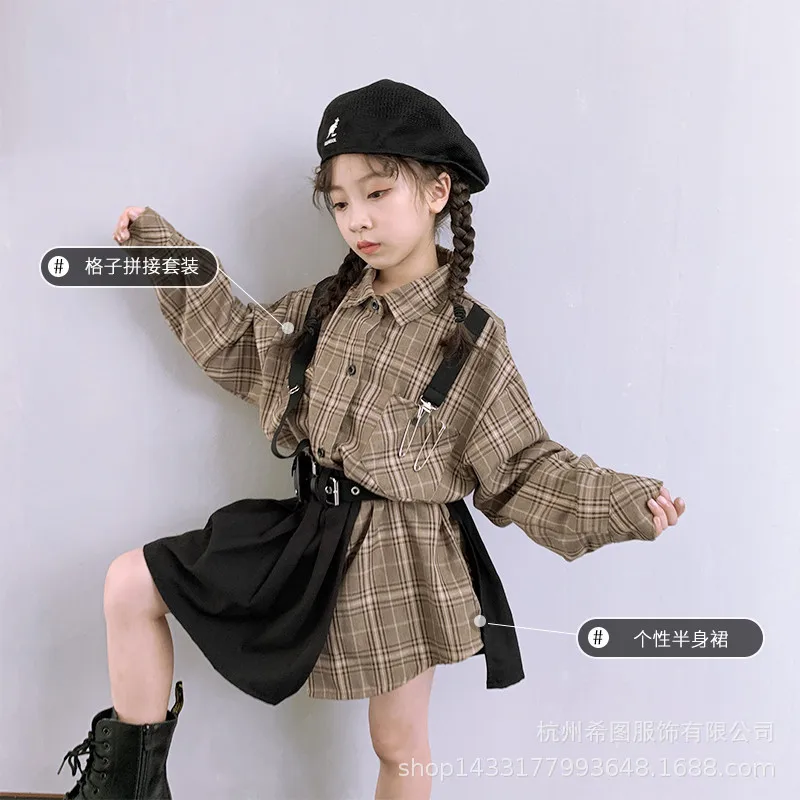 Осень 2020 новый костюм для девочек клетчатая рубашка юбка средней длины из двух