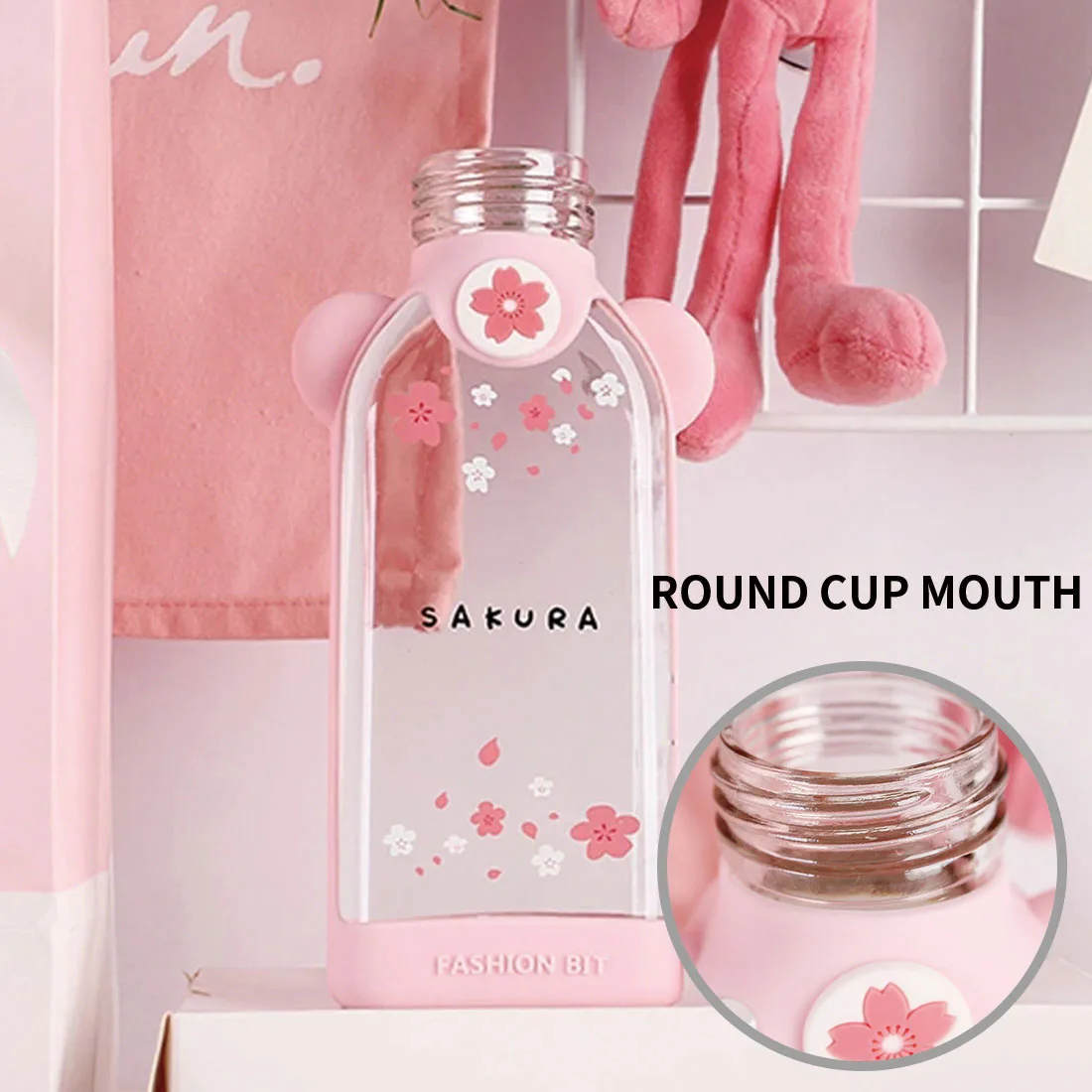 

350ml Glass Water Bottle Cherry Blossom Pattern Transparent Creative Fresh Cute girl Heart Portable Sports Outdoor Glass Cup 1pc