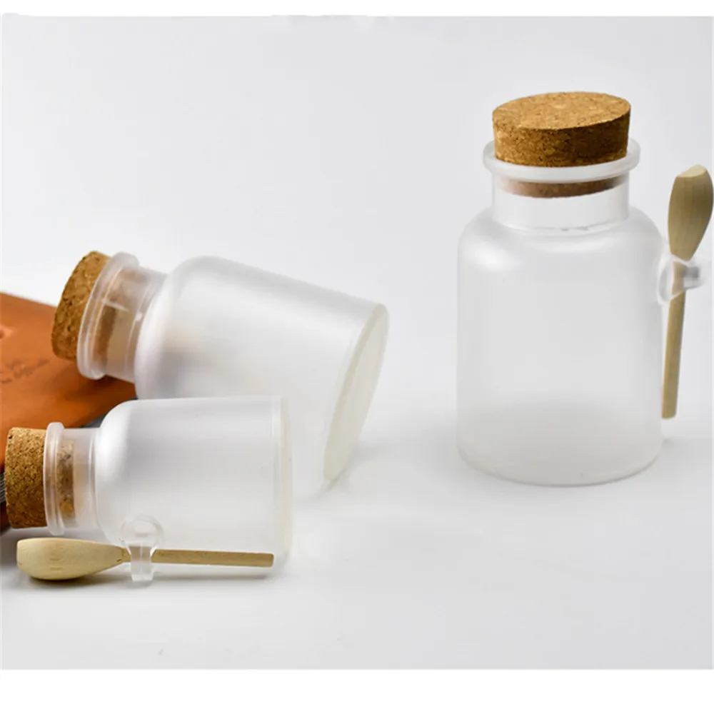 

Container Refillable With Wood Spoon Empty Bath Salt Bottle Plastic Matte Cork Jar Women Mask Facial 100g/200g/300g