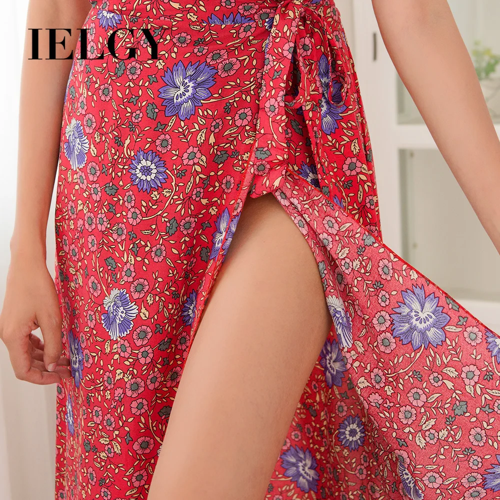 

IELGY V-neck Dress Women Fashion sexy split floral versatile wild trendy beach