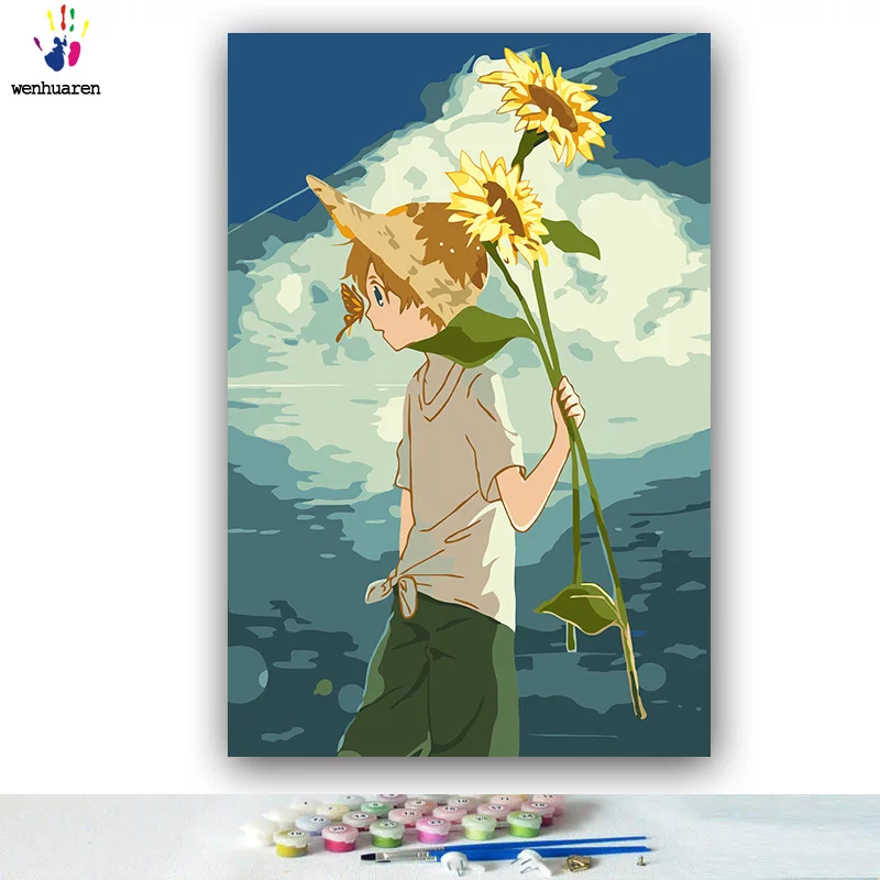 DIY картинки для раскраски по номерам с цветами Подсолнух Цветочное поле мальчик