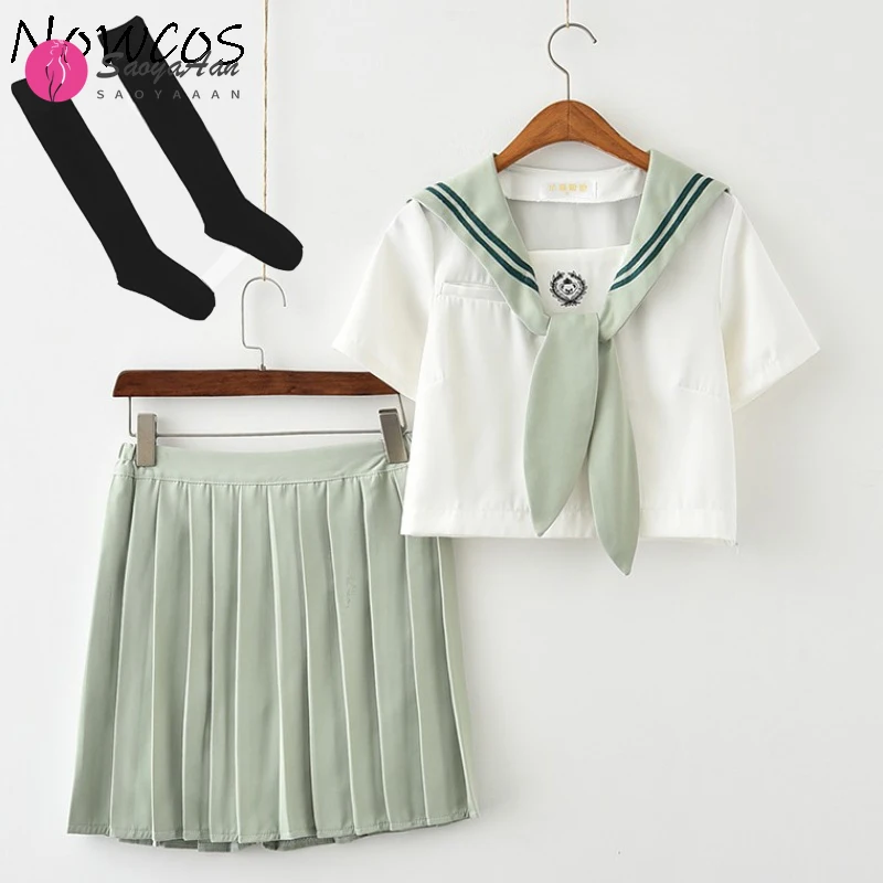

High School Uniform Lolita JK Uniforms School Girl Costumes Short Sleeve Mint Green Pleated Skirt Suits Butterfly Embroidery
