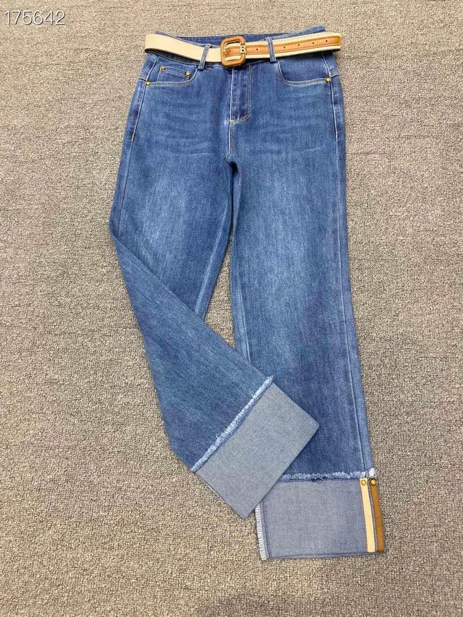 2021 summer Korean version of casual high-waisted piece hair must be rolled side pants feet nine points pipe jeans women