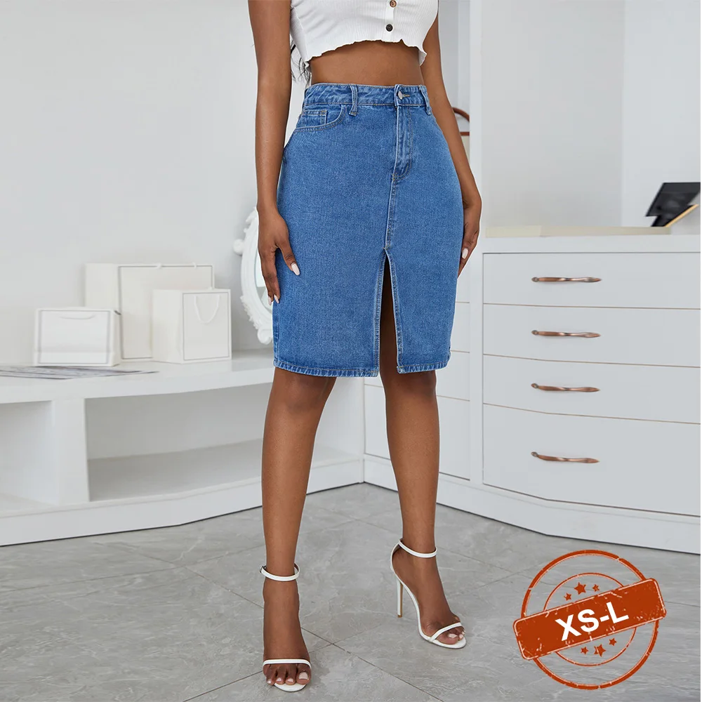 

Women Vintage Denim Skirt Slit Pencil Office Skirt Autumn 2021 New Winter Streetwear High Waist Blue Sexy Bodycon Midi Skirts
