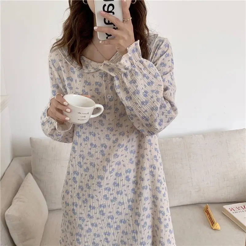 QWEEK Cotton Sleepwear Women Chinese Style Nightie Floral Print Long Nightgrown Autumn White Fairy Dress Nightwear Dressing Gown