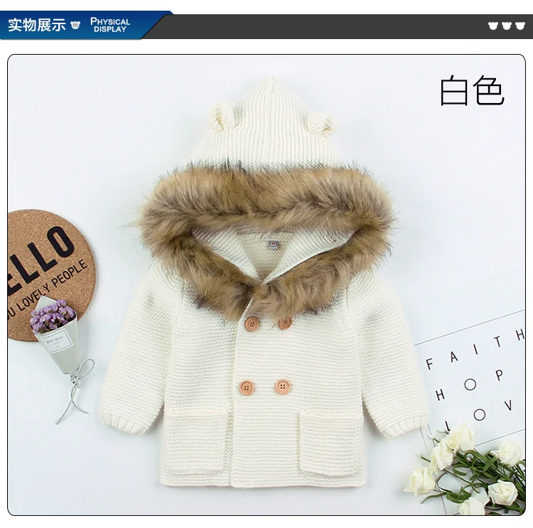 Baby Sweater Coat For Boys Girls Pocket Cardigan Autumn Winter Warm Hooded Fur Faux Collar Knitted Toddler Jacket | Детская одежда и