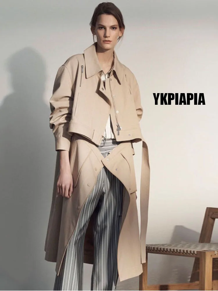 YKPIAPIA 2020FW Тренч однотонный двухцелевой бежевое пальто Элегантная мода на молнии и