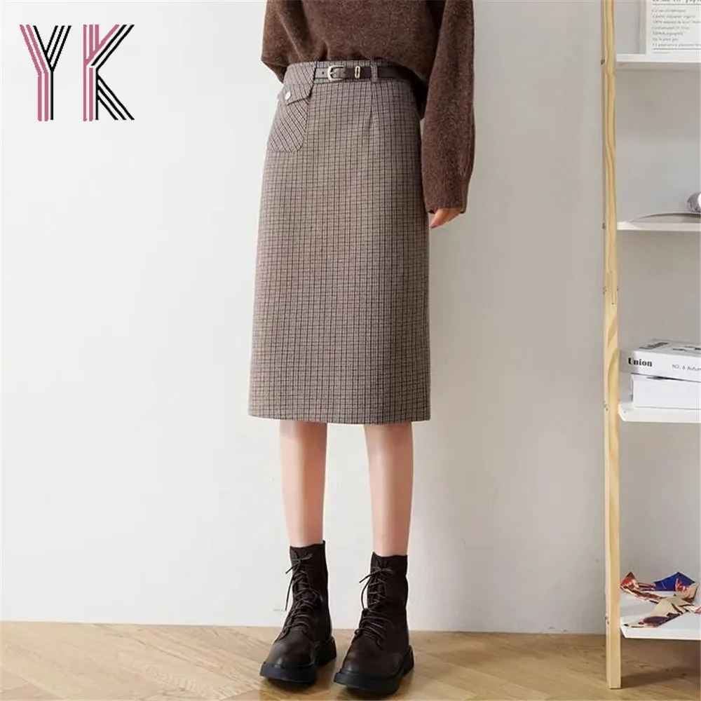 

Pocket Wool Blend High Waist Back Slit Midi Skirt Plaid Korean Vintage Elegant Wrap Skirt Autumn Winter Warm Belt Aesthetic Saia