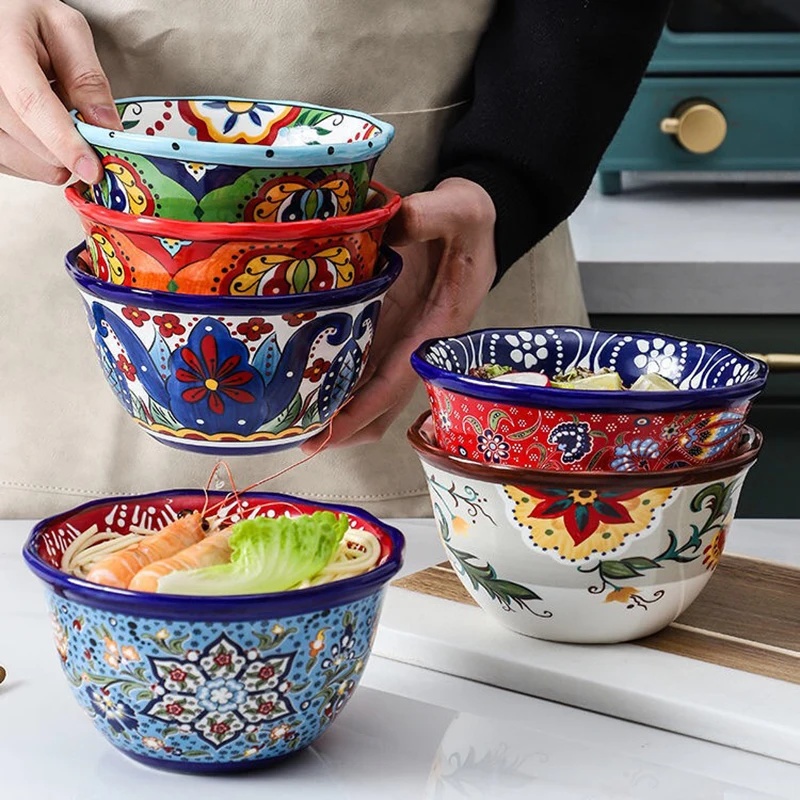 

Ceramic Salad Bowl Fruit Ramen Bowl Soup Bowls Bohemian Hand-Painted Noodle Bowl Home Restaurant Household Kitchen Tableware