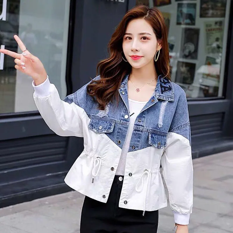 Женская джинсовая куртка с длинным рукавом свободная короткая из джинсовой