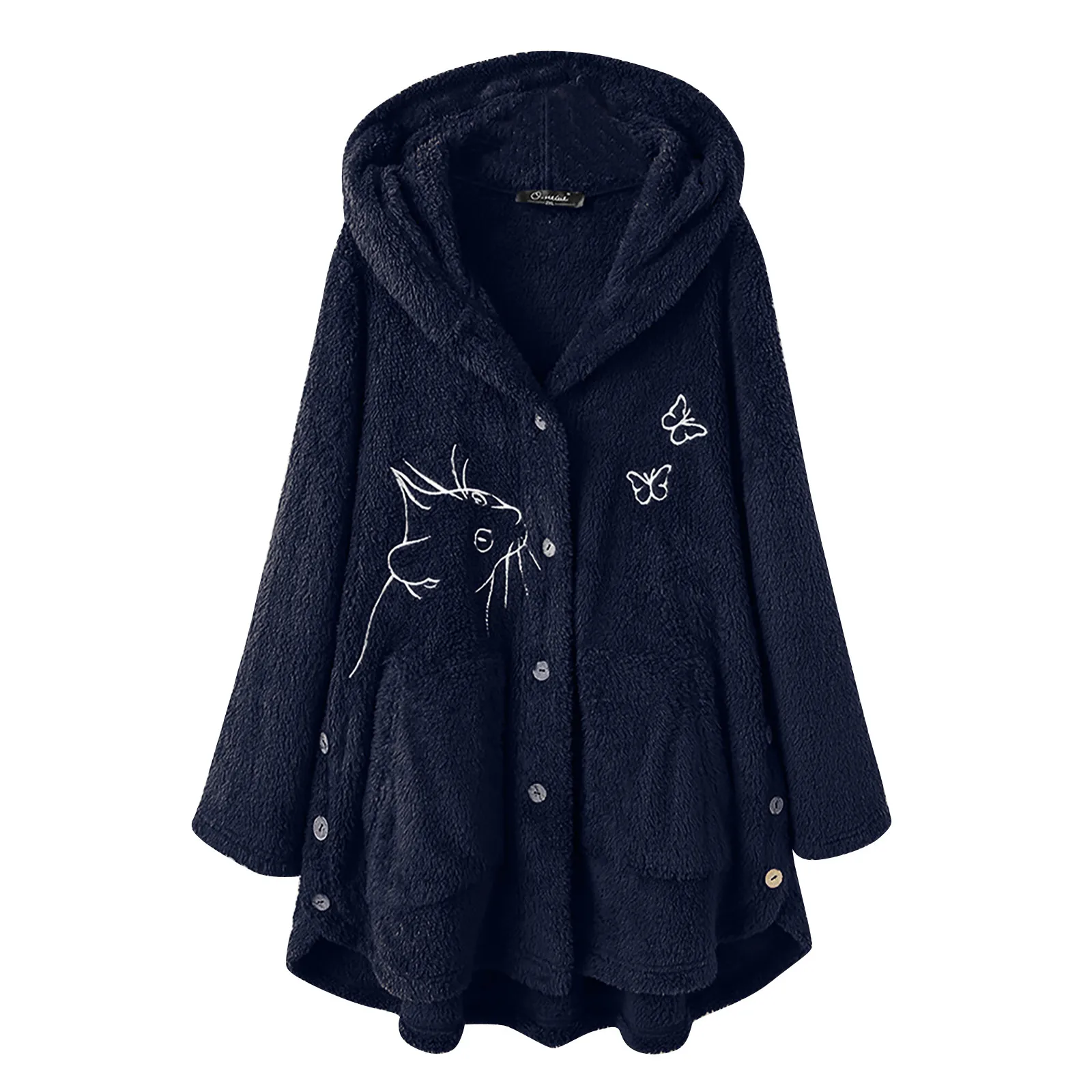 

S-5xl Women Plus Size Button Plush Tops Hooded Oversize Loose Cardigan Wool Coat Winter Pullover Jacket Women femme veste