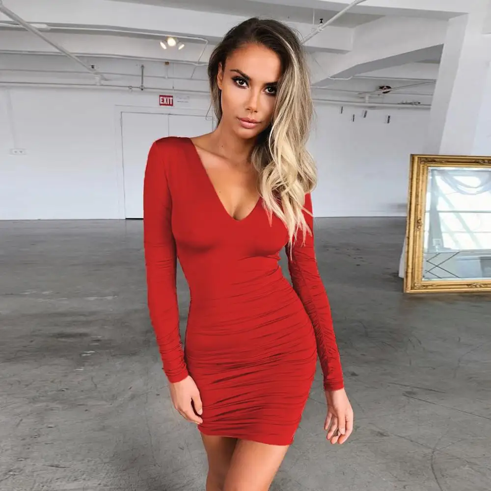 

New Women Sexy Summer Autumn Casual Bandage Backless Hollow Out V-Neck Long Sleeve Dress