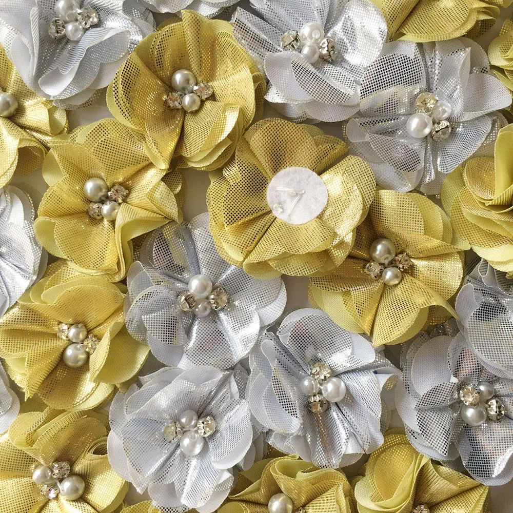 2.0 inch Silver &amp Gold Color Chiffon Flower Ruffled Metallic With Rhinestone Center 100Pcs/lot | Аксессуары для одежды