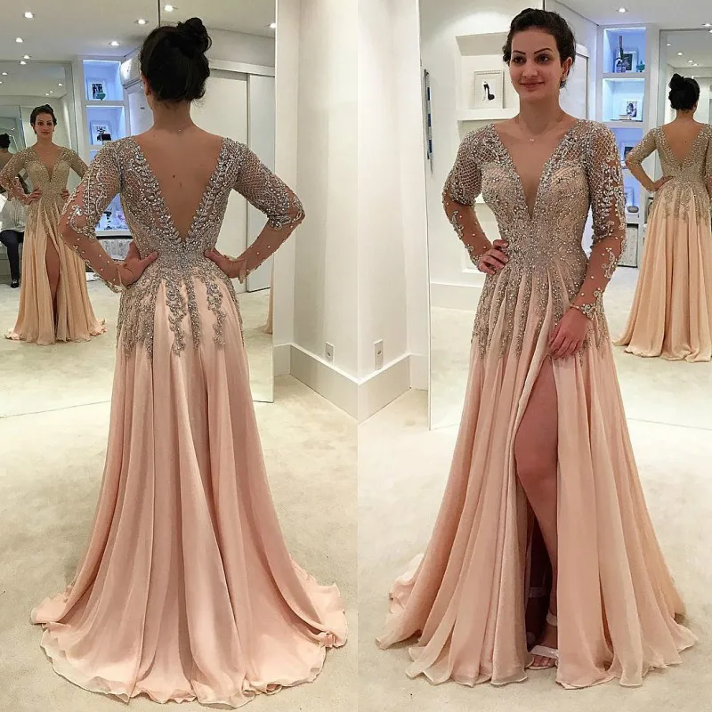 Crystal Beading Long Sleeve Evening Dresses 2021 A-Line Side Slit V-Neck Chiffon Luxury Party Prom Gown Backless Floor Length | Свадьбы и