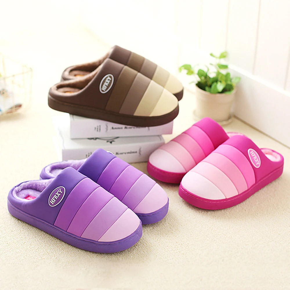 

Waterproof non-slip cotton slippers thick bottom winter bag with stripes indoor home plush men and women cotton mop to keep warm