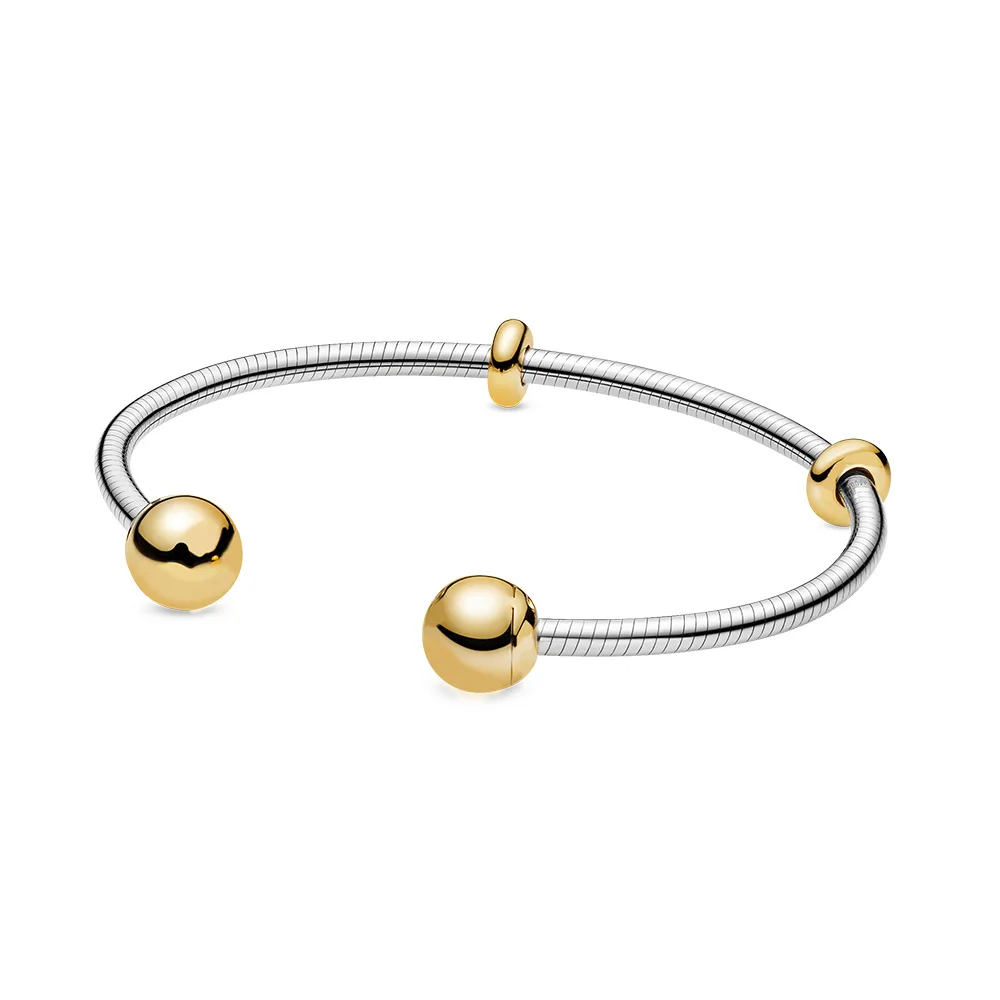 

Authentic 925 Sterling Silver Snake Chain Basic Bracelets With 2 Gold Beads 16CM/17.5CM/19CM For Women Charm Jewelry