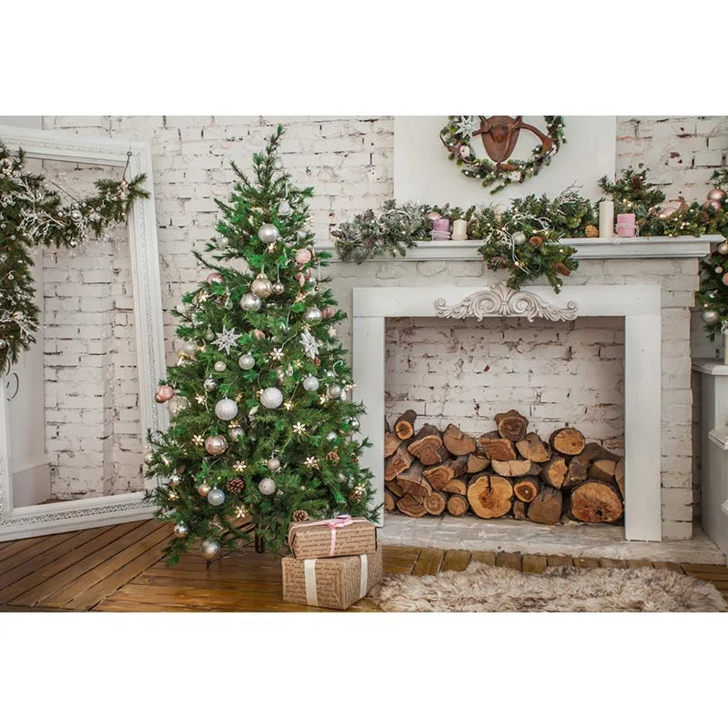 

Christmas background photography Tree Photo Backdrop Vintage Fireplace Video White Wall Party Decoration Supplies 140