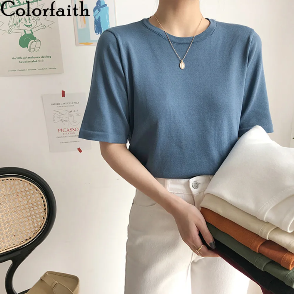 

Colorfaith New 2020 Women Summer T-Shirts Solid Multi Colors Bottoming Casual Korean Minimalist Style Soft Knitted Tops T6216