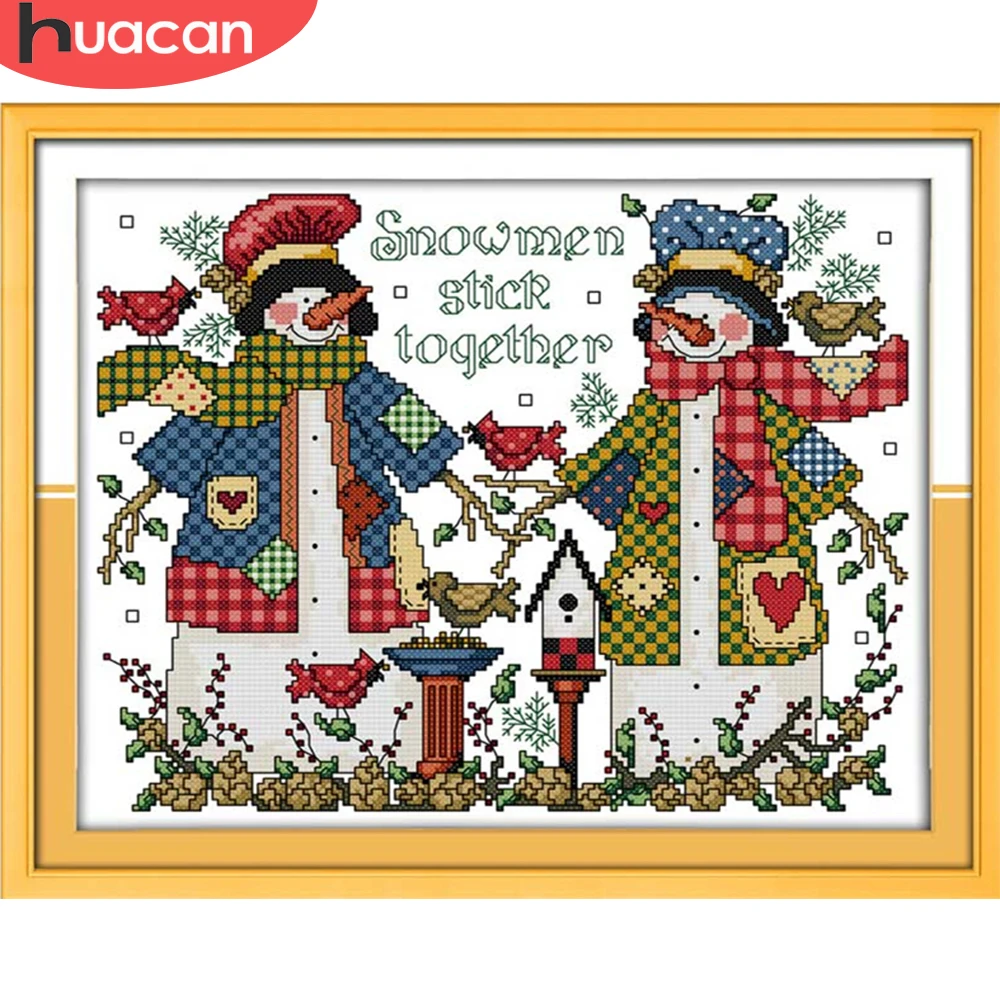 

HUACAN Cross Stitch Embroidery Christmas Snowman Sets White Canvas Needlework Handicrafts Cross Stitch Love Gift 14CT 11CT