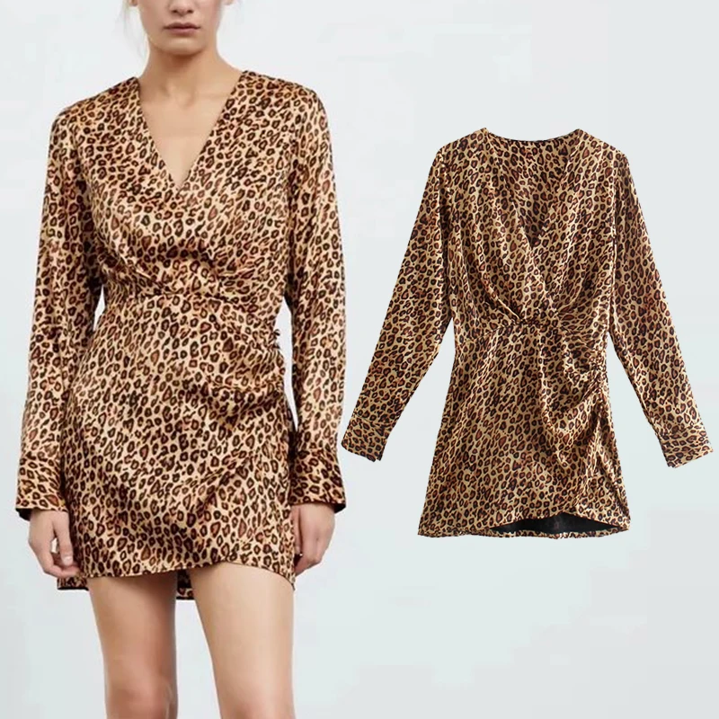 

Za Women Leopard Print Mini Dress Long Sleeve Slim Dresses Female Sexy V Neck Dress Vestidos OZZ1347