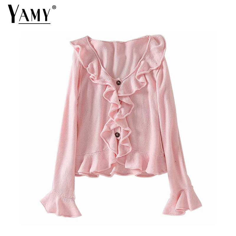 Женский укороченный вязаный свитер розовый Укороченный кардиган с оборками