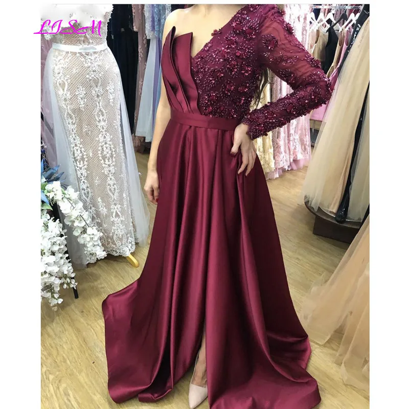 

Robe De Soiree Burgundy Evening Dresses Lace Beading Satin One Shoulder A-Line Long Sleeve Prom Dress 2020 Woman Party Gowns