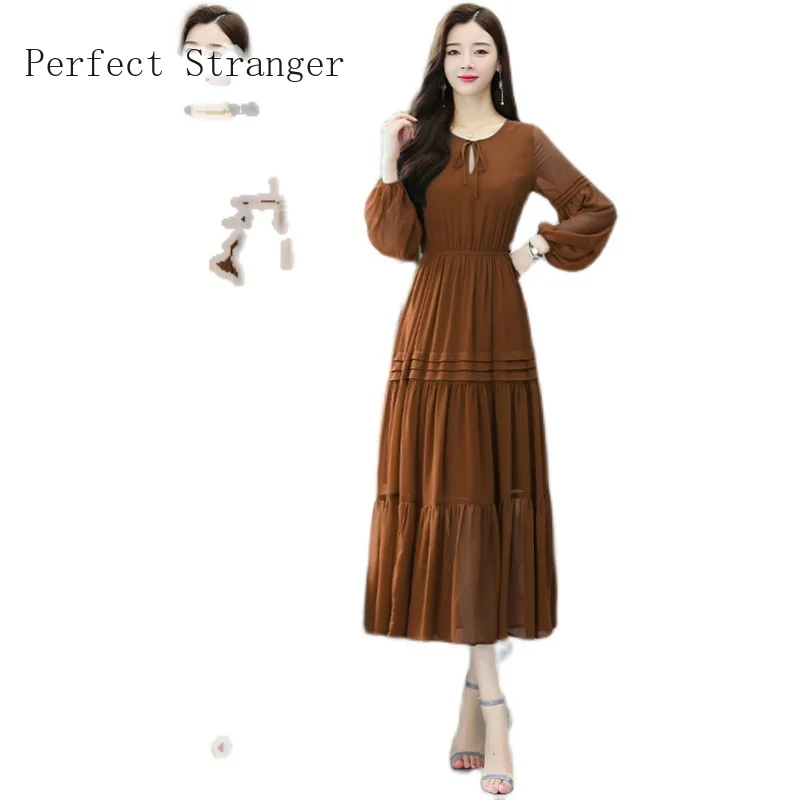 

2021Autumn New Arrival Plus Size Clothing For Women Round Collar Long Sleeve Women Chiffon Long Dress High Quality