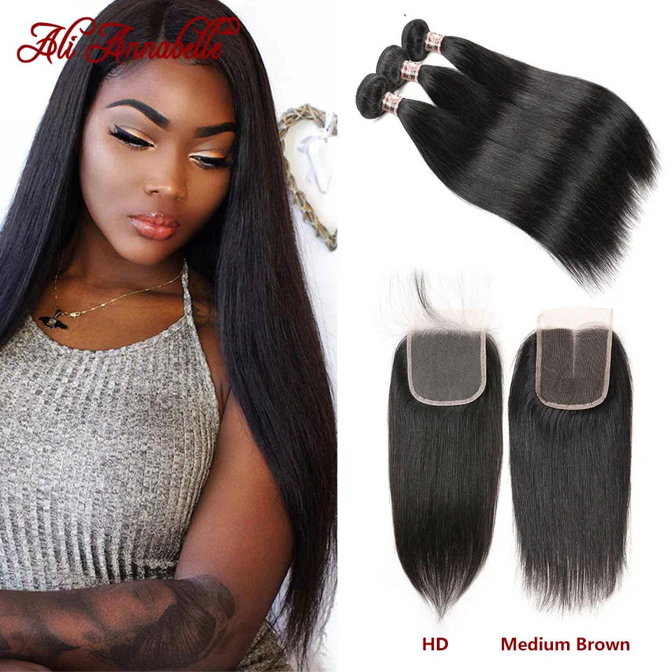 Пряди из бразильских волос прямые пряди с закрытием 4x4|3/4 пучка на сетке| |