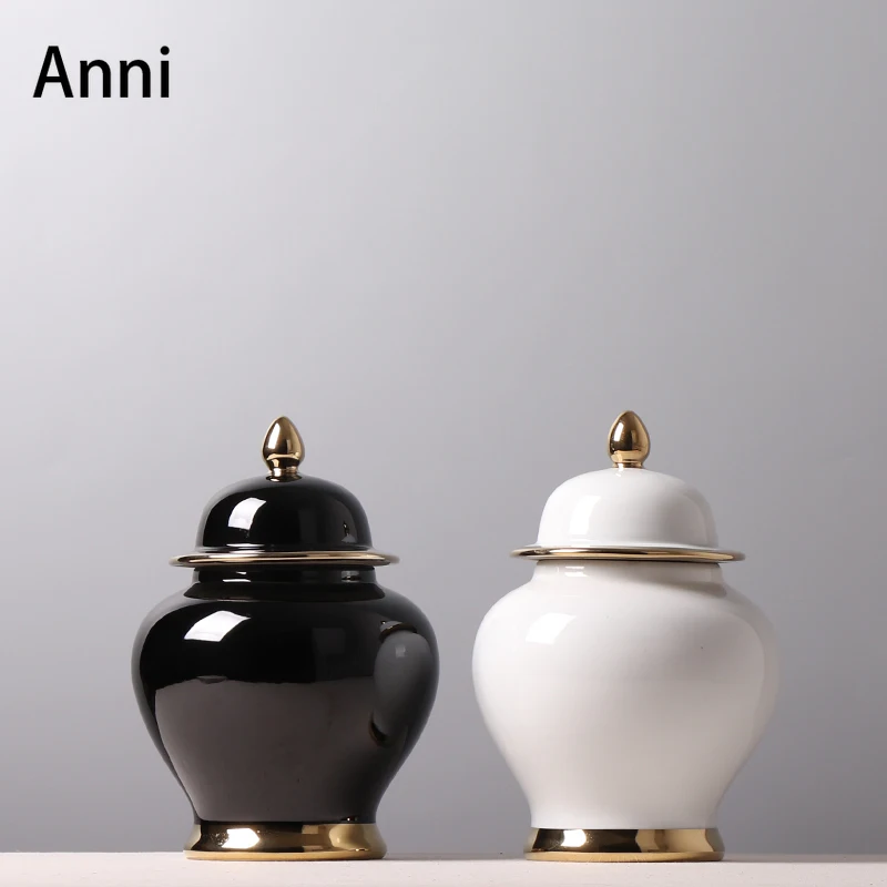 

Chinese Simple Ceramic Vase Creativity Gold Inlay Storage Jars with Lid Desk Bookcase Solid Color Flower Vases Home Decoration
