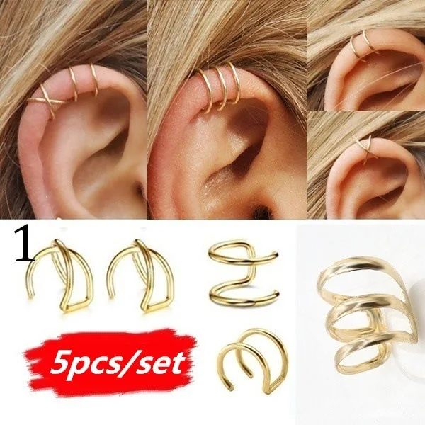 1-5PC Мода 5 шт./компл. не проколо манжеты Обёрточная Бумага серьги кулон в форме листа не пирсинг клипсы для Для женщин вечерние ювелирные изделия, ювелирные изделия - Окраска металла: 1-5PC