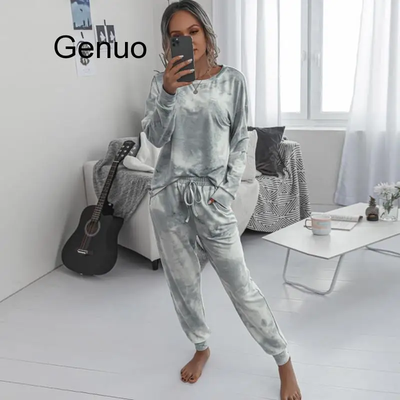 

Women Tracksuit Women Gradual Change Tie Dye Print Blue Casual Long Sleeve T Shirt+Pants Women's Two Piece Elegant Outfits