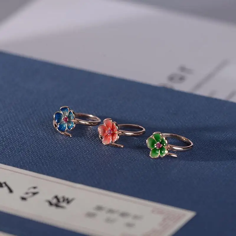 

Thai Silver Square Sterling Silver Ring Female Cloisonne Burnt Blue Gold-Plated Cherry Blossom Personality All-Match Fairy Openi